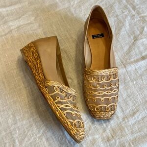 Stuart Weitzman Tan and Gold Woven Wedge Espadrille Loafers
